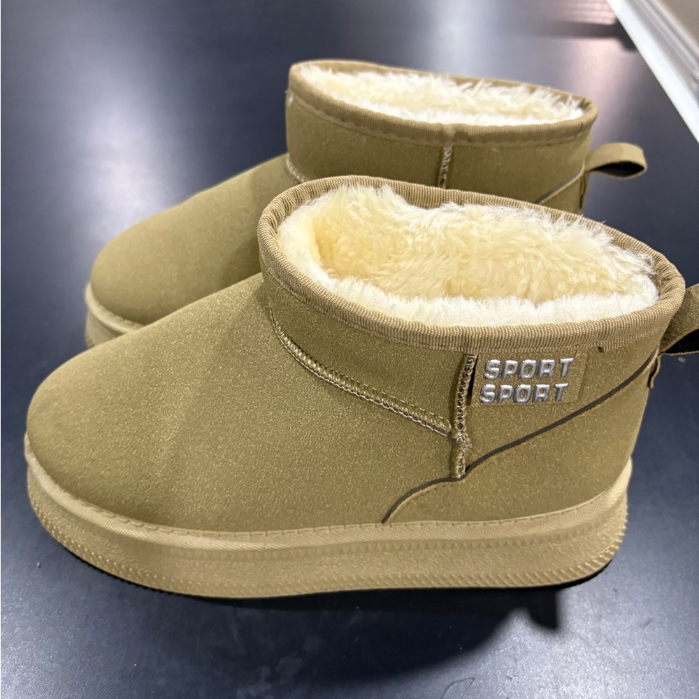 Khaki Tan Ankle Boots with Faux Fur Lining